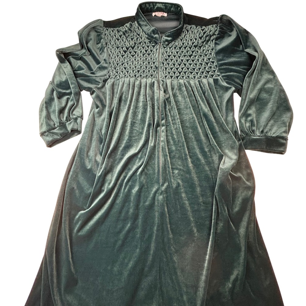 Vintage Saybury Forest Green Velour Smocked Robe Zip Front Housecoat L XL